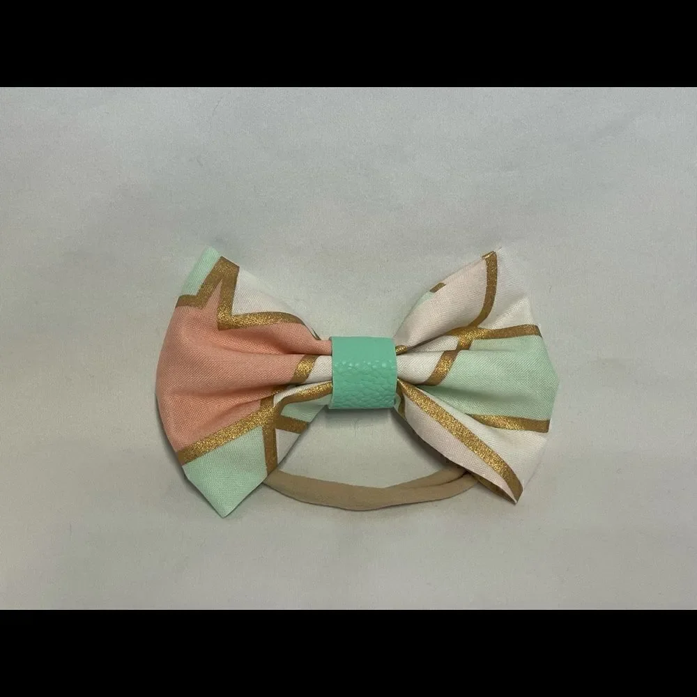 Handmade Geometric teal, pink and gold Bow